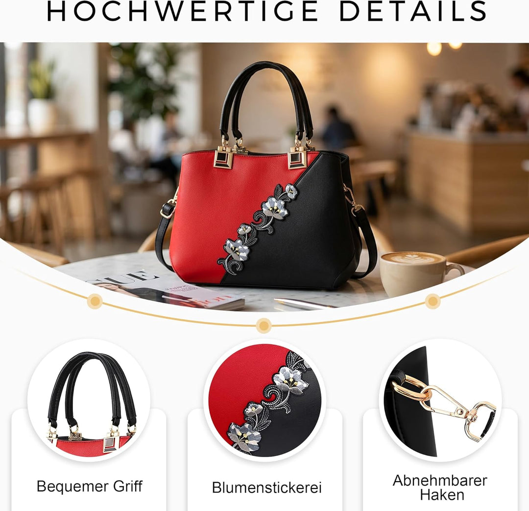 VARLIVOO Handtasche Damen Mittelgross Elegant Taschen mit Blumenstickerei Leader PU Henkeltasche Fra