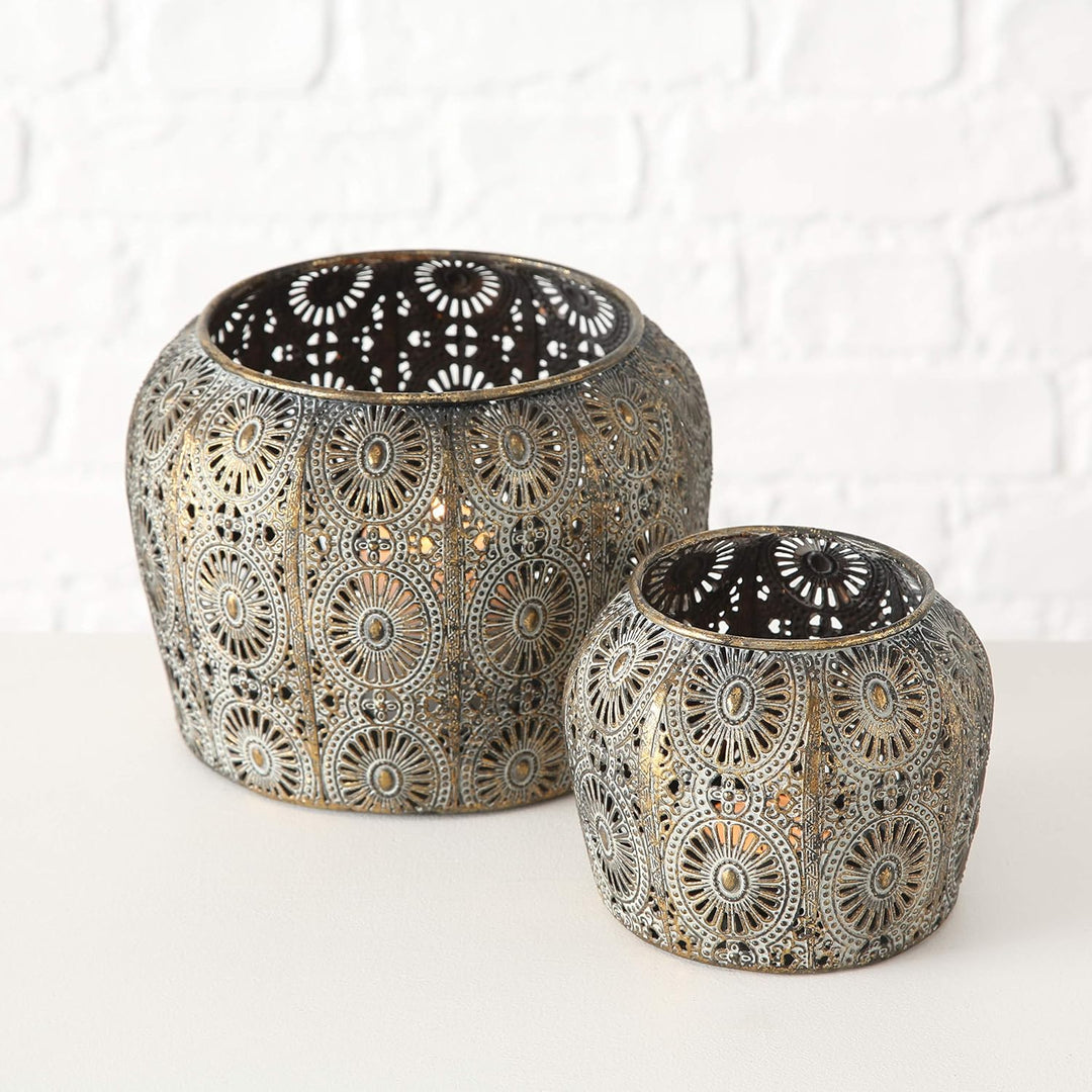 Hurricane Laternen-Set mit Gänseblümchen-Motiv, Metallarbeiten, Used-Gold, Weiss-Grau-Patina, Eisen,