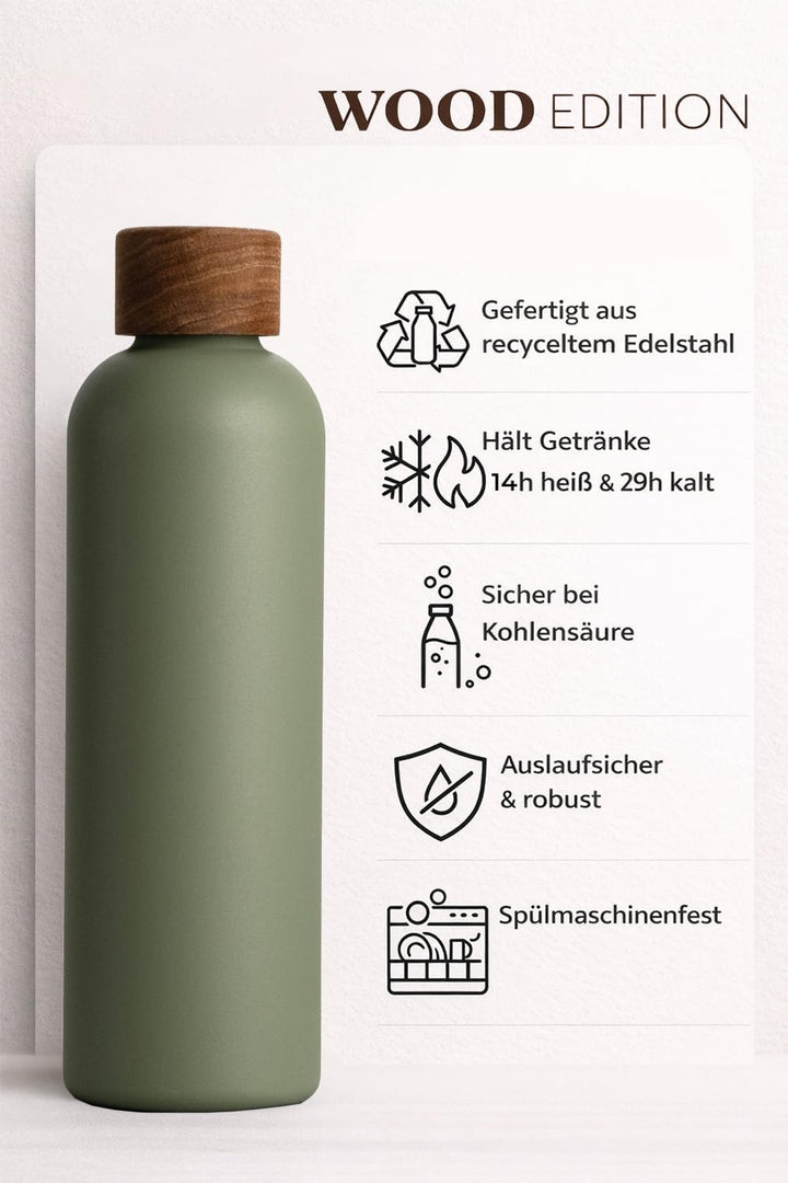 T&amp;N Edelstahl Trinkflasche 750ml, Thermosflasche 0.75l mit Akazienholz Deckel, Isolierte Wasserflasc