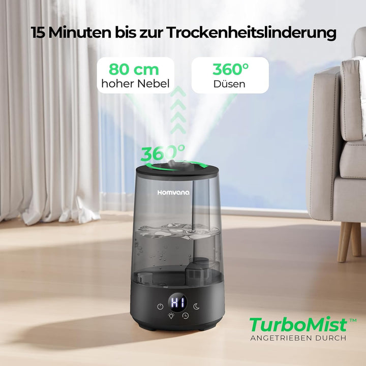Homvana Luftbefeuchter Schlafzimmer Top-Fill, 3.6L 360°Cool Mist 34H Dauerhaft, Ruhig 16dB (SilentSp