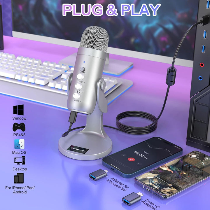 zealsound USB Mikrofon, k66 Silber Podcast Mikrofon für PC Handy PS4&amp;5, mit Noise Cancelling/Stumm/E