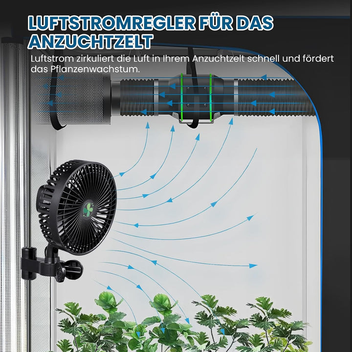 Grow Ventilator oszillierend leise für Growzelt, 10 Stufen &amp; EC-Motor, Clip Ventilator mit Universal