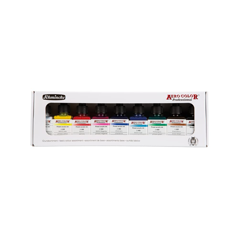 Schmincke - AERO COLOR Professional Grundfarben, 9 x 28 ml, 81 108 097, feinst-flüssige und höchst l