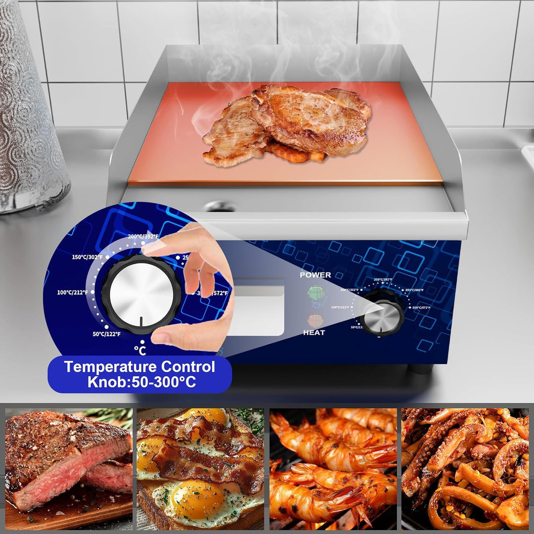 TAIMIKO Elektrische Grillplatte glatt 1700 W Elektro-Grillplatte Edelstahl Gusseisen Gastro Griddlep