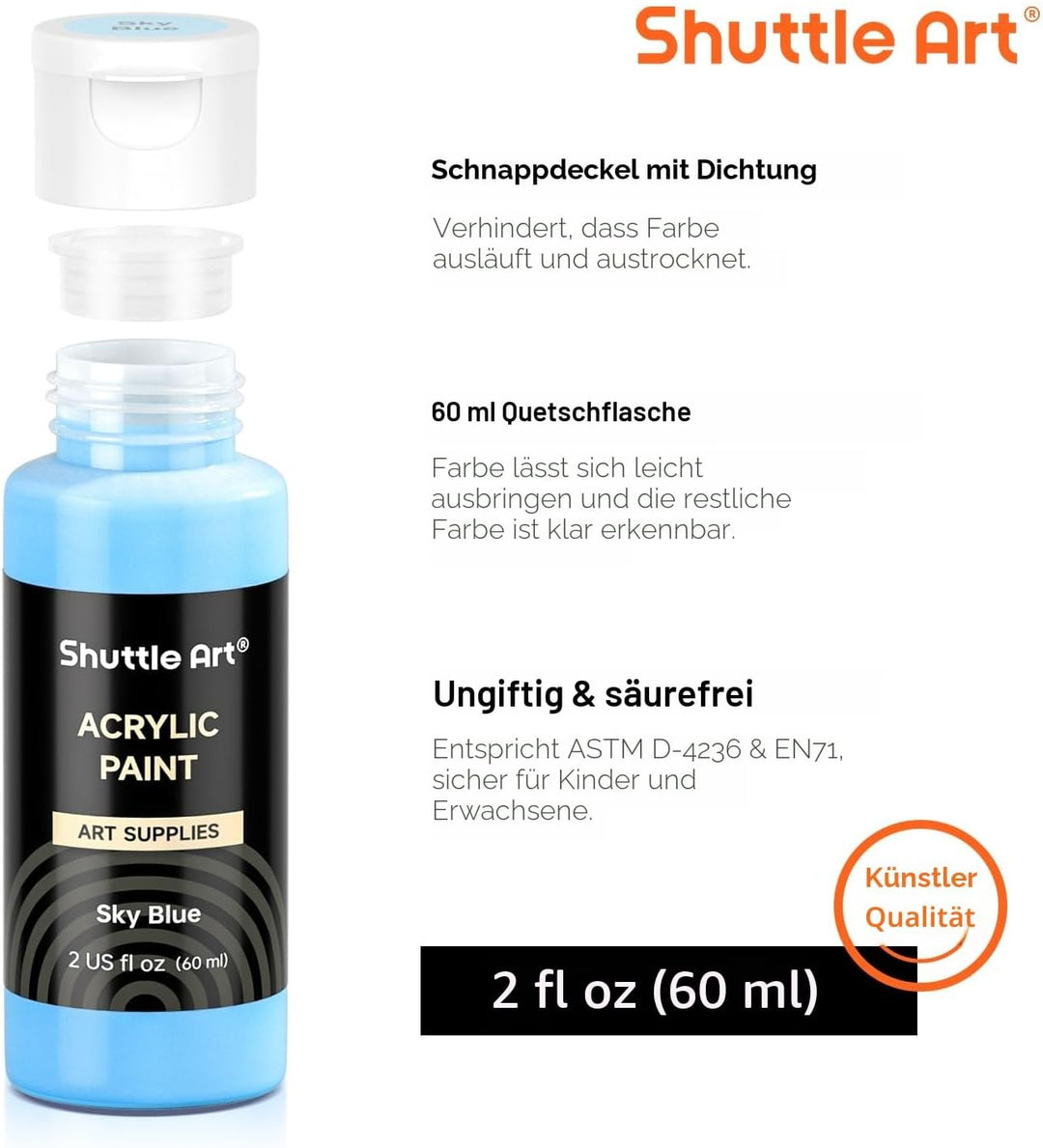 Shuttle Art Acrylfarben Set, 36 Acryl farben in Flaschen (je 60ml) mit 12 Pinselset & 1 Palette, ung