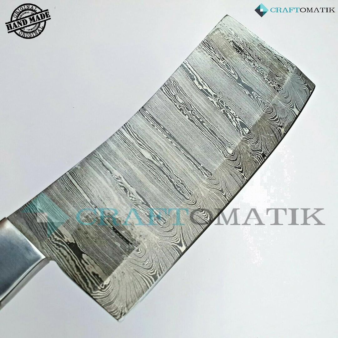 Craftomatik Damast Stahl Hackmesser | Chef Hackbeil Küchenbeil | Metzger Fleischerbeil | Olivenholz