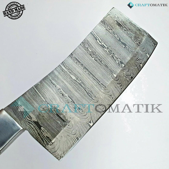 Craftomatik Damast Stahl Hackmesser | Chef Hackbeil Küchenbeil | Metzger Fleischerbeil | Olivenholz