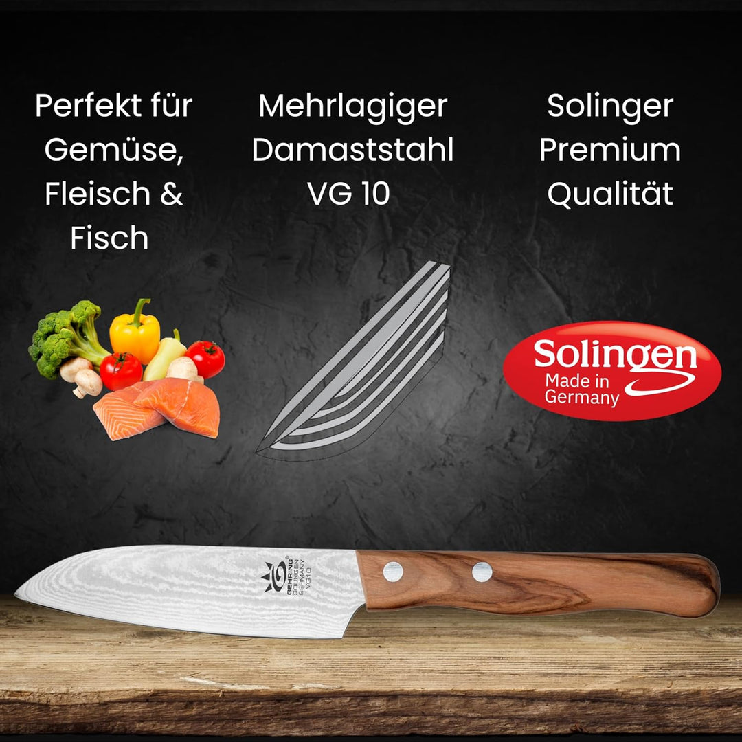 Solingen Look Damast Santokumesser 11 cm I scharfes Profi Küchenmesser I eisgehärter Damaststahl VG1