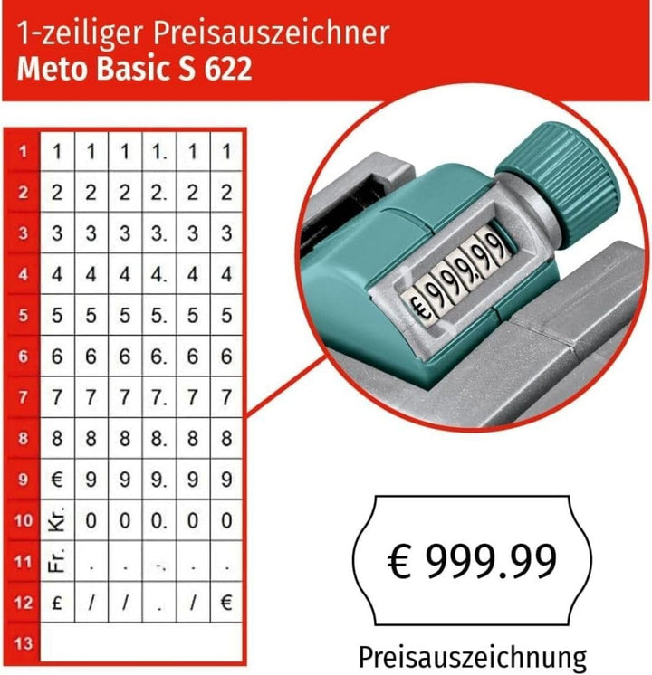 Original Meto Basic S Preisauszeichner Set - Preis (1-zeilig, 6-stellig für 22 x 12 mm Etiketten, so