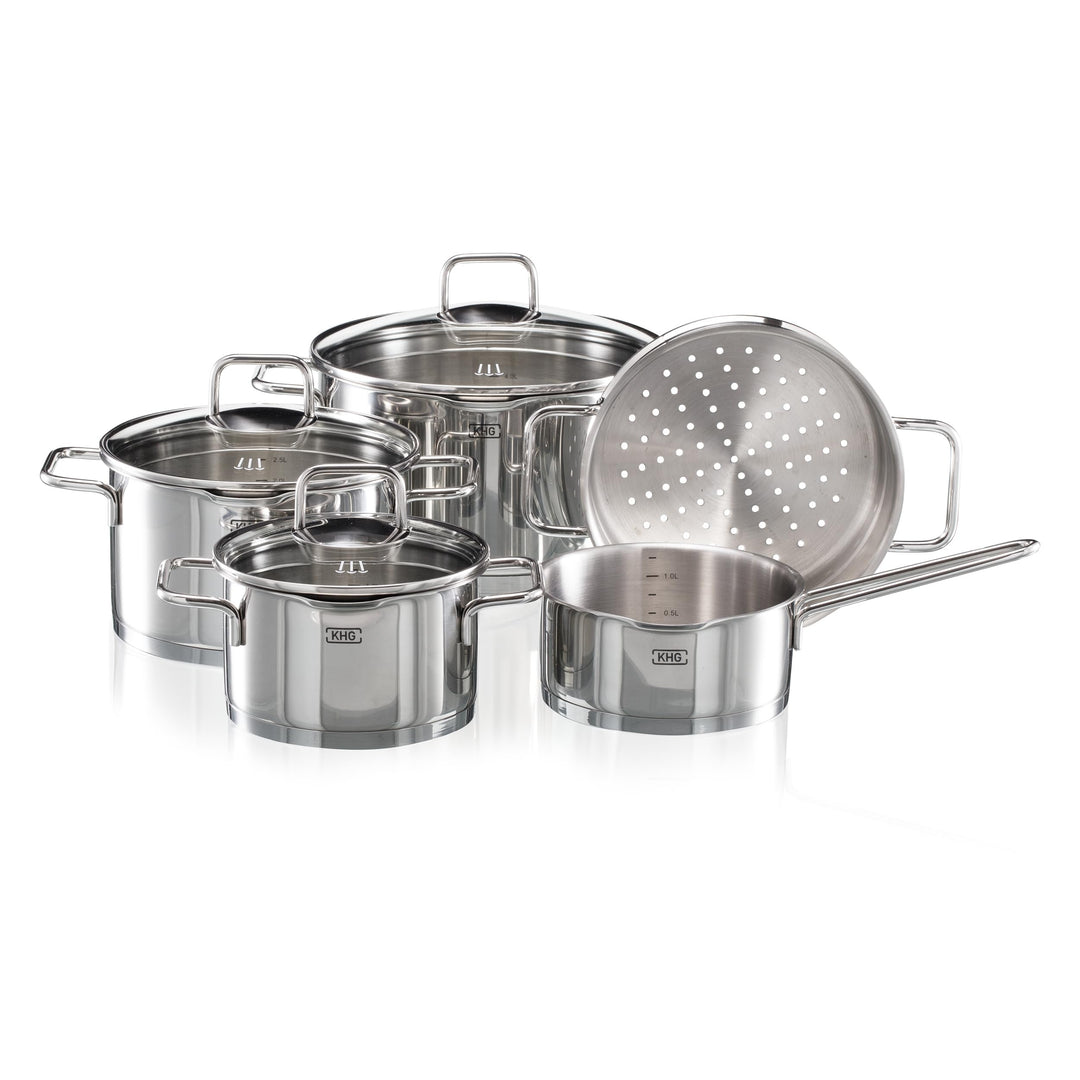 KHG Topfset 5-teilig Edelstahl mit Dünsteinsatz zum Dampfgaren, Induktion Kochtopf 16 cm, 20 cm, 24