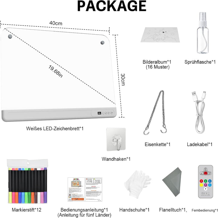 LED Zeichentafel Kinder 18.8 Zoll gross mit Timer &amp; Fernbedienung White, White