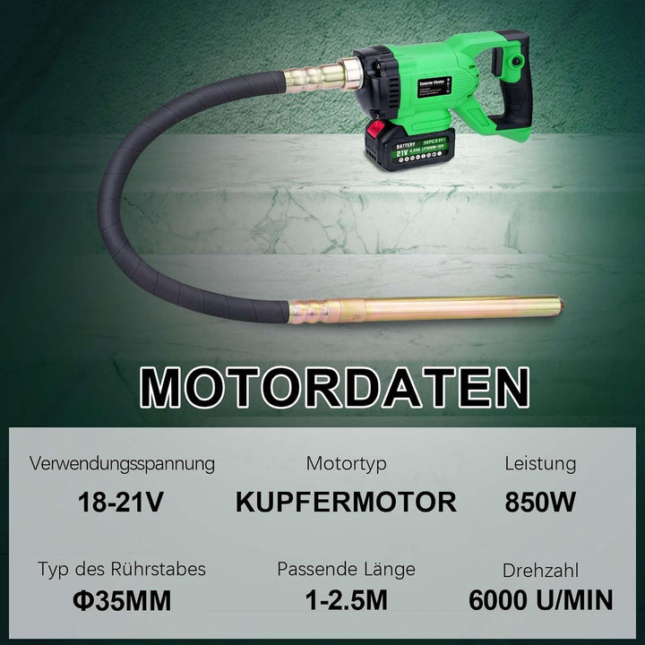 Akku Betonrüttler mit 4,0Ah-Akku, Bürstenlos Betonverdichter mit 1,5 m Schlauch, 35mm Rüttelflasche