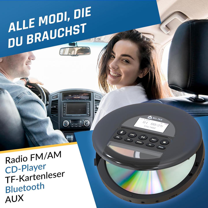 KLIM Nomad CD Player Bluetooth - tragbare Discman mit langlebigem Akku - inklusive Kopfhörer - MP3 -