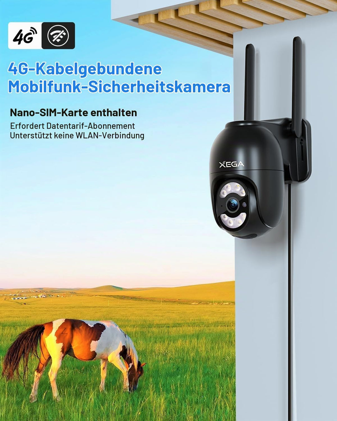 Xega 4G LTE Überwachungskamera mit SIM Karte【Kabelgebunden】 24/7 Kontinuierliche Aufzeichnung, 2K Au