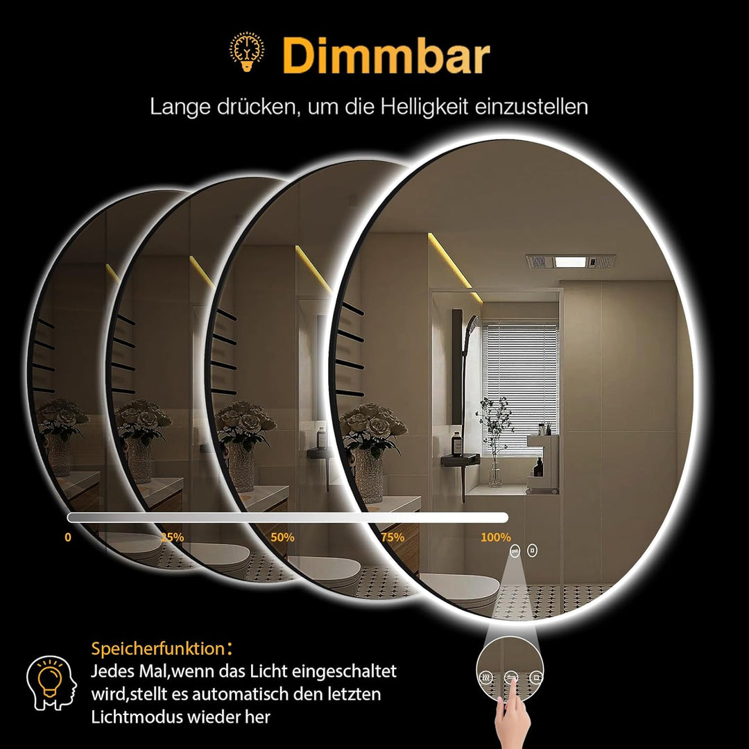 Runder Spiegel mit Beleuchtung, 60cm LED Bad Spiegel mit Licht, 3 Lichtfarben, Dimmbar, Touch-Schalt
