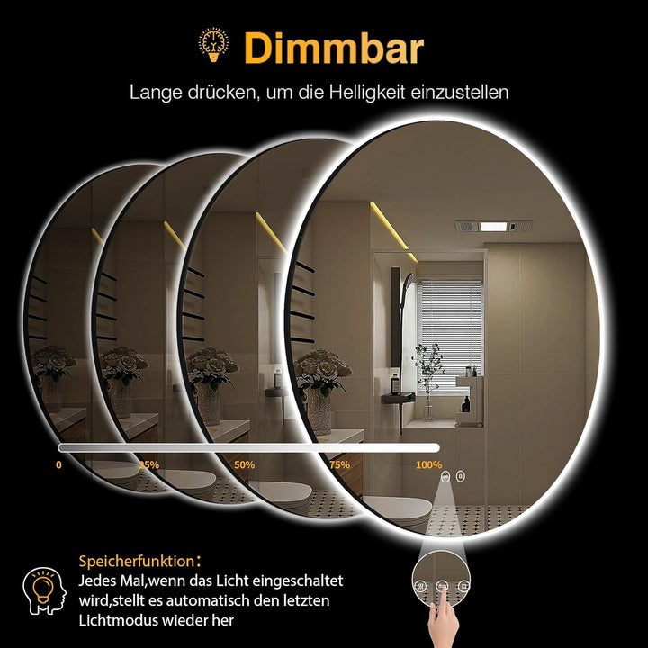 Runder Spiegel mit Beleuchtung, 60cm LED Bad Spiegel mit Licht, 3 Lichtfarben, Dimmbar, Touch-Schalt