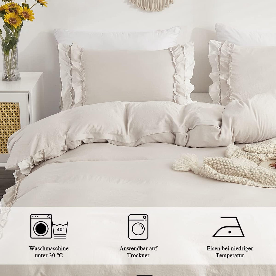Sedefen Bettwäsche 200 x 200 cm Beige mit Weiss Rüschen Angenehme Mikrofaser Mädchen Bettwäsche-Sets