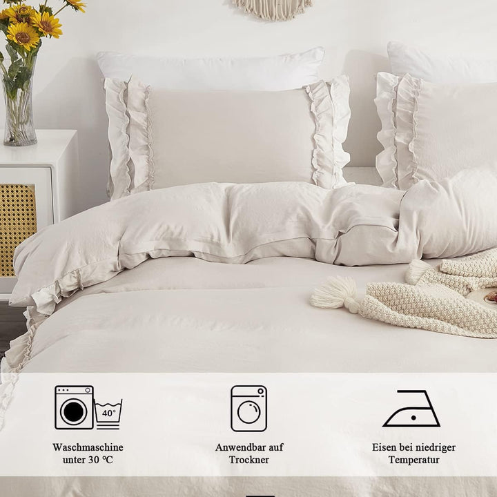Sedefen Bettwäsche 200 x 200 cm Beige mit Weiss Rüschen Angenehme Mikrofaser Mädchen Bettwäsche-Sets