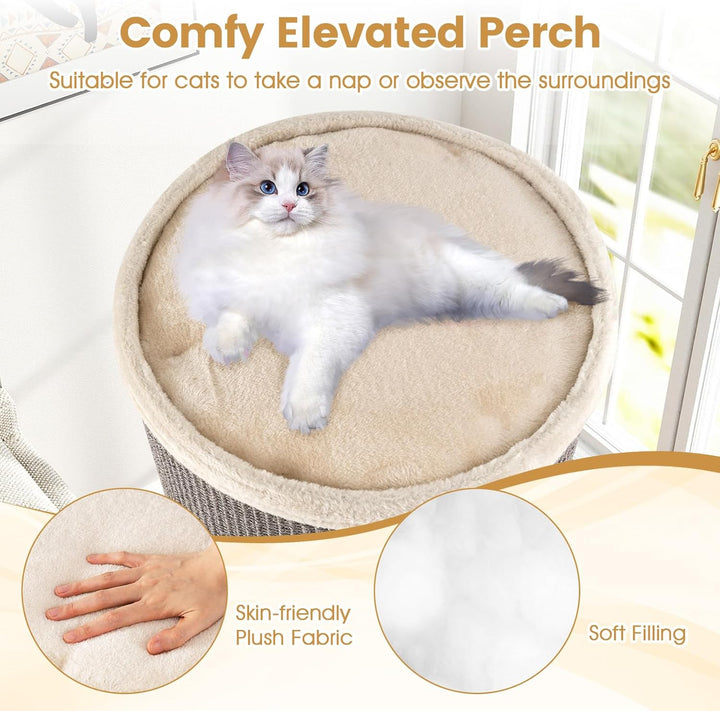 COSTWAY Kratztonne, Ø 36 cm, 70 cm hoch, Katzentonne mit Sisal-Kratzbrett, 3 Katzenhöhlen, Plüschbet