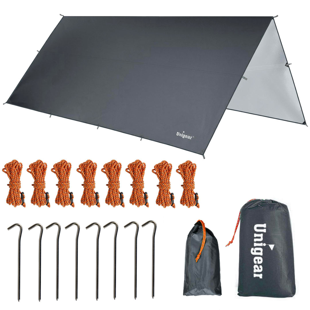 Unigear Tarp 3x3 3x4 3x5 4x4 wasserdicht, Zeltplane für Hängematte mit Ösen + 6/8 Erdnägel + 6/8 Sei