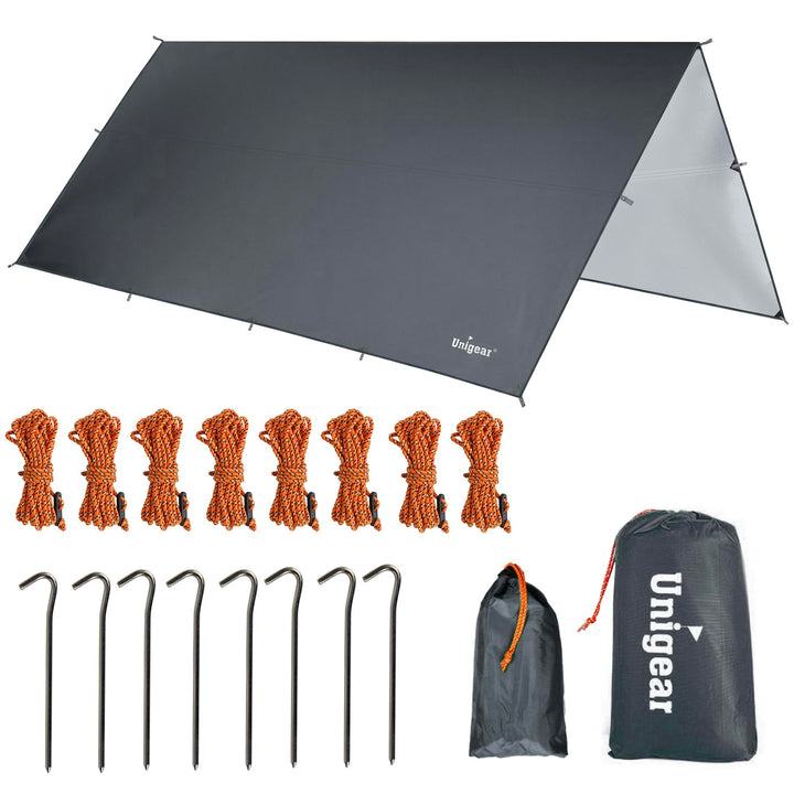 Unigear Tarp 3x3 3x4 3x5 4x4 wasserdicht, Zeltplane für Hängematte mit Ösen + 6/8 Erdnägel + 6/8 Sei
