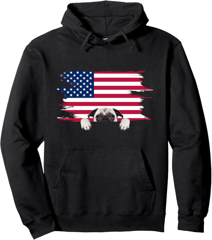 American Flag Dog Pug Pullover Hoodie