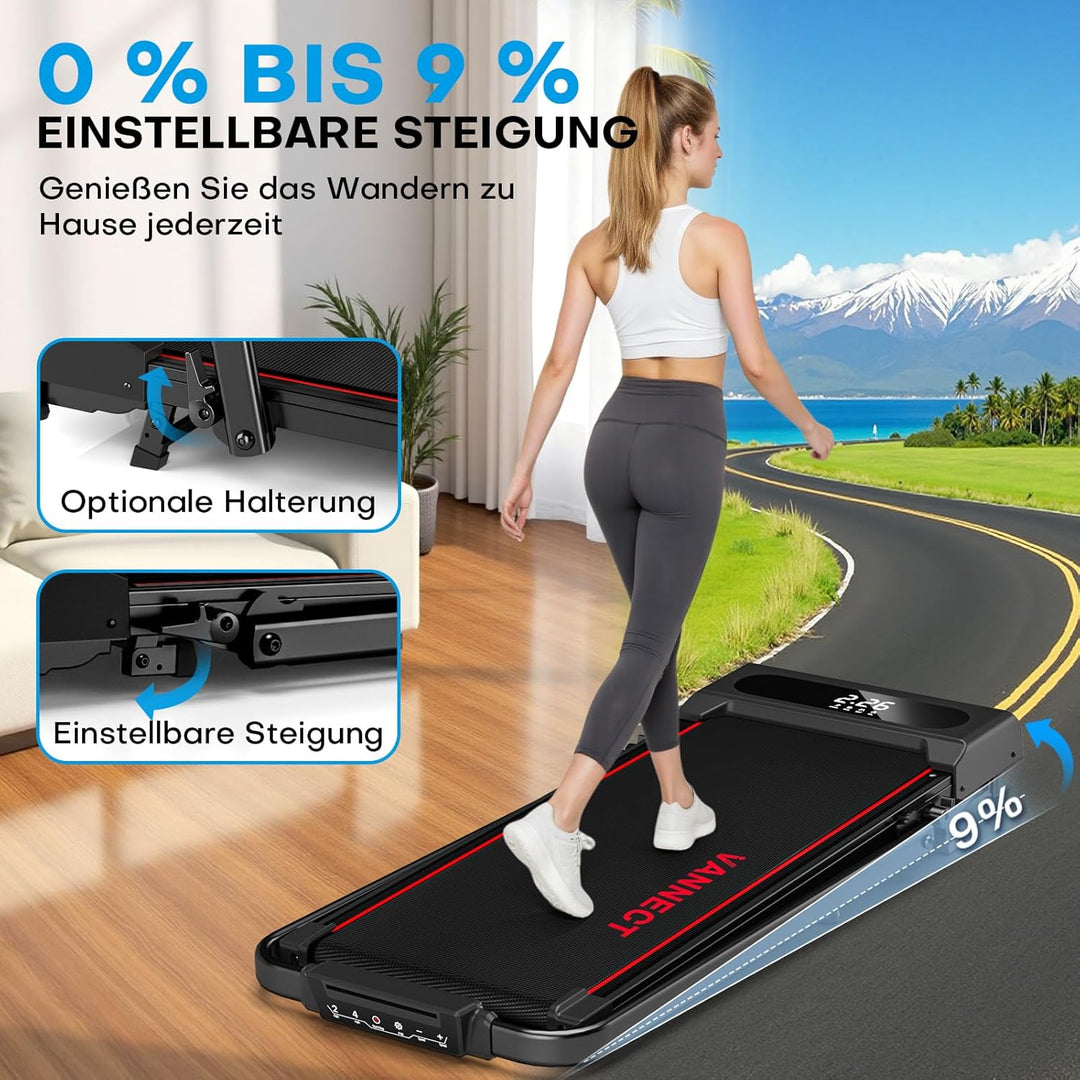 Laufband für Zuhause, VANNECT Walking Pad, 1-12 km/h Klappbares Laufband mit 9% Steigung, Ultra-Leis