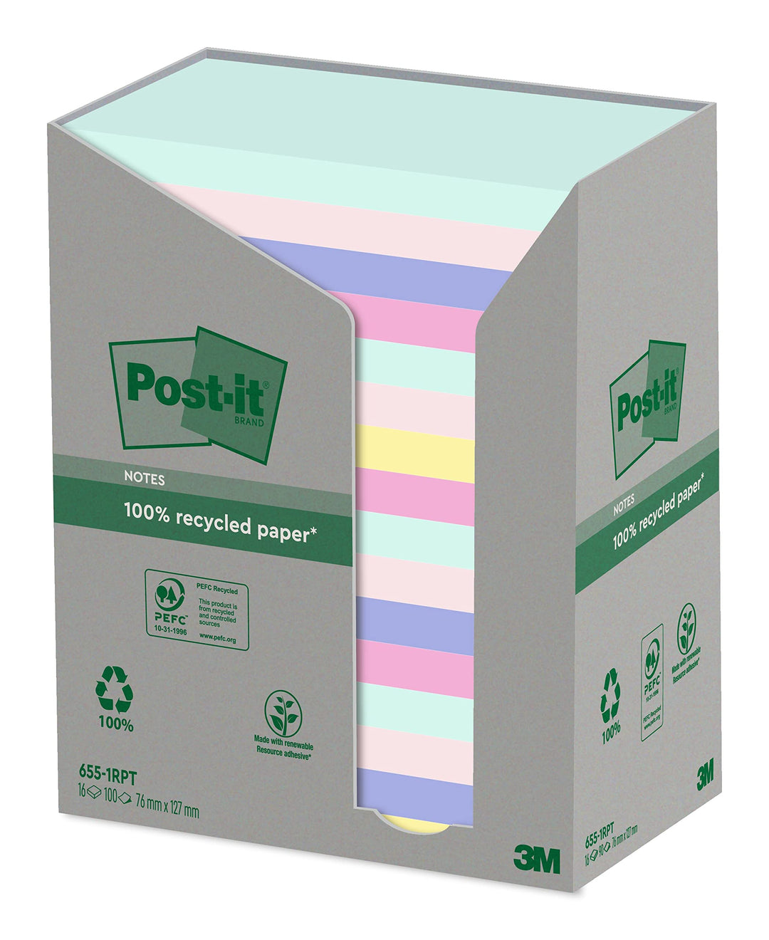 Post-it Recycling Notes, Assortierte Farben, Packung mit 16 Blöcken, 100 Blatt pro Block, 76 mm x 12