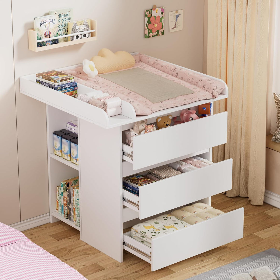 2-in-1 Wickelkommode mit abnehmbarem Wickelaufsatz,Baby Wickeltisch Weiss, Kommode mit 3 Schubladen