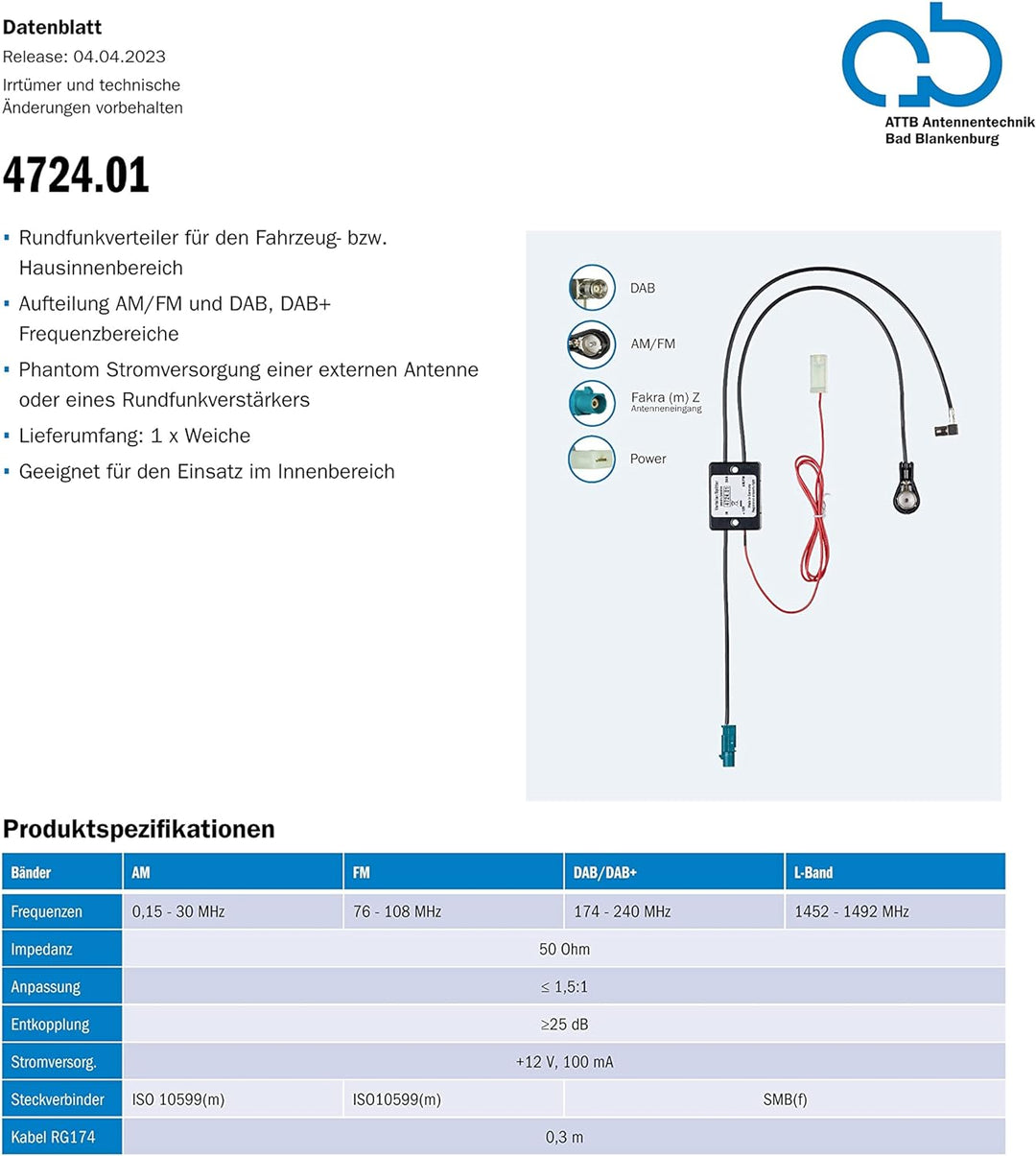 ATTB 4724.01 Weiche (AM, FM, DAB, DAB+), Antennentechnik Bad Blankenburg, Rundfunkverteiler für Fahr