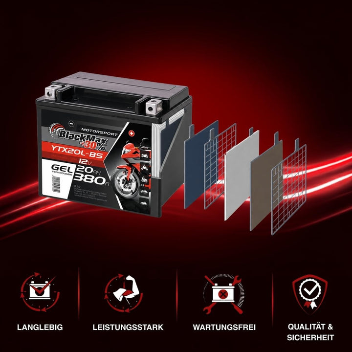 BlackMax YTX20L-BS Motorradbatterie GEL 12V 20Ah GTX20L-BS CTX20L-BS Outlander 20Ah - 340A - YTX20L-