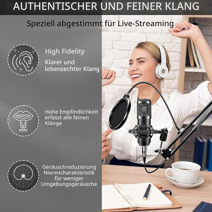 BM800 Podcast Komplettset für 2, Studio-Mikrofon mit Nierencharakteristik, Audio-Interface &amp; DJ-Mixe