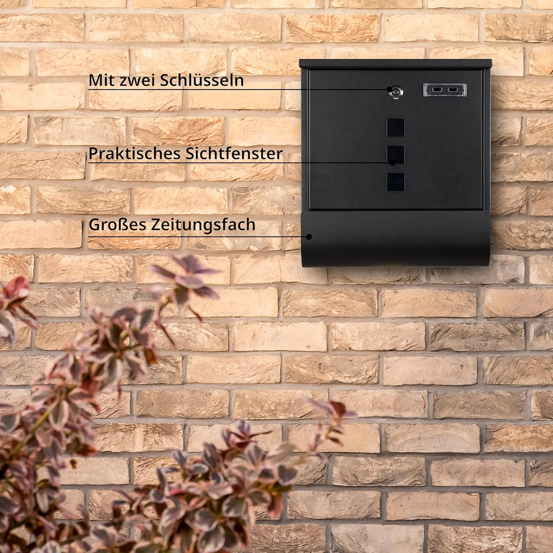 Grafner Design Briefkasten schwarz mit Zeitungsfach, pulverbeschichtet, abschliessbar – 2 Schlüssel