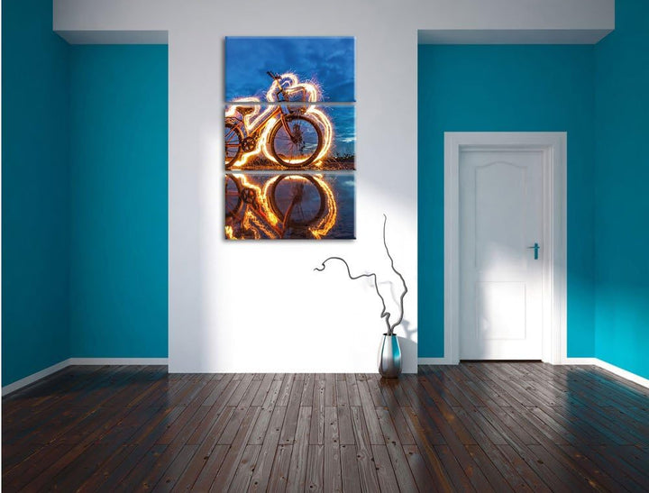 Pixxprint Burning Bike brennendes Fahrrad 3Teiler 120x80 cm Leinwandbild Wandbild Kunstdruck