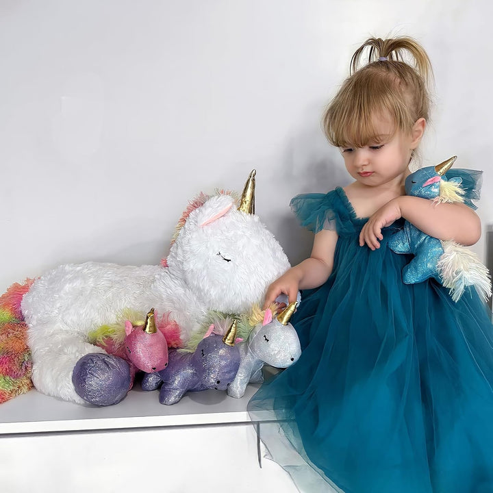 MorisMos Einhorn Kuscheltier XXL mit 4 Babys im Bauch, gross Einhorn Plüschtier Stofftier, riesen gr