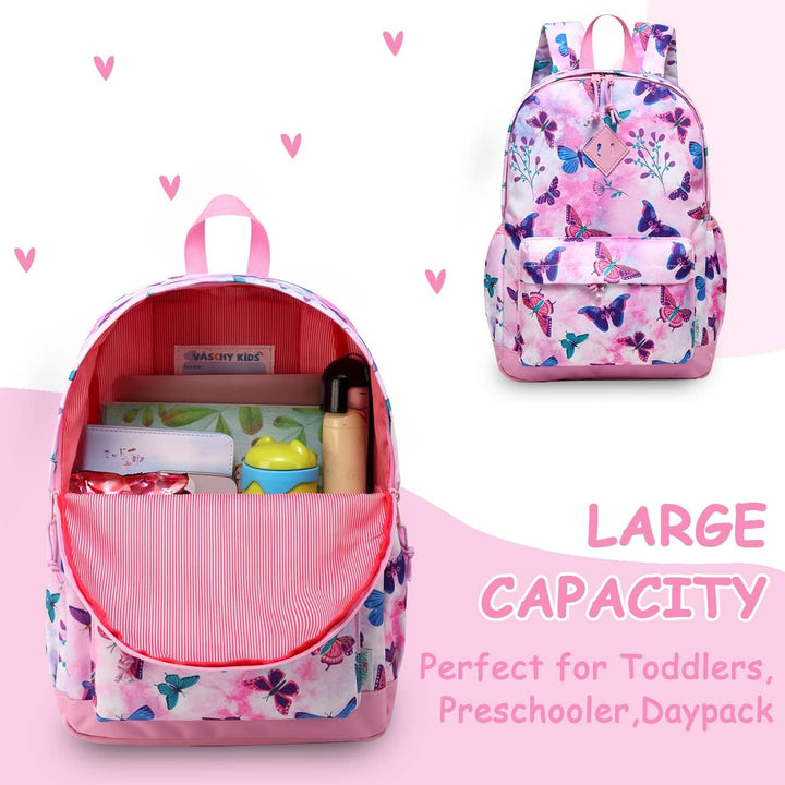 VASCHY Mädchen Schulrucksack 4-6 Jahre Schulrucksack mit Seitentaschen und Brustgurt 148-schmetterli