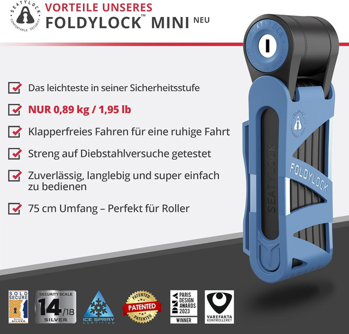 FoldyLock Mini Faltschloss mit Schlüssel - Patentiertes Testsieger Fahrradschloss mit Halterung für