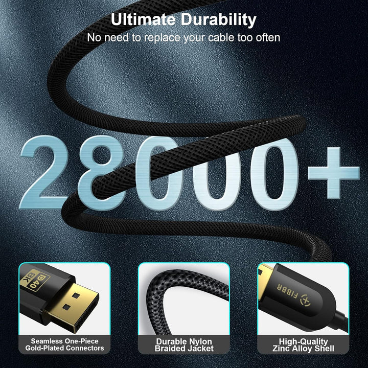 FIBBR VESA-Zertifiziert 16K DisplayPort 2.1 Kabel 2M, 40Gbit/s DP zu DP Kabel(16K@30Hz, 10K@30Hz, 8K
