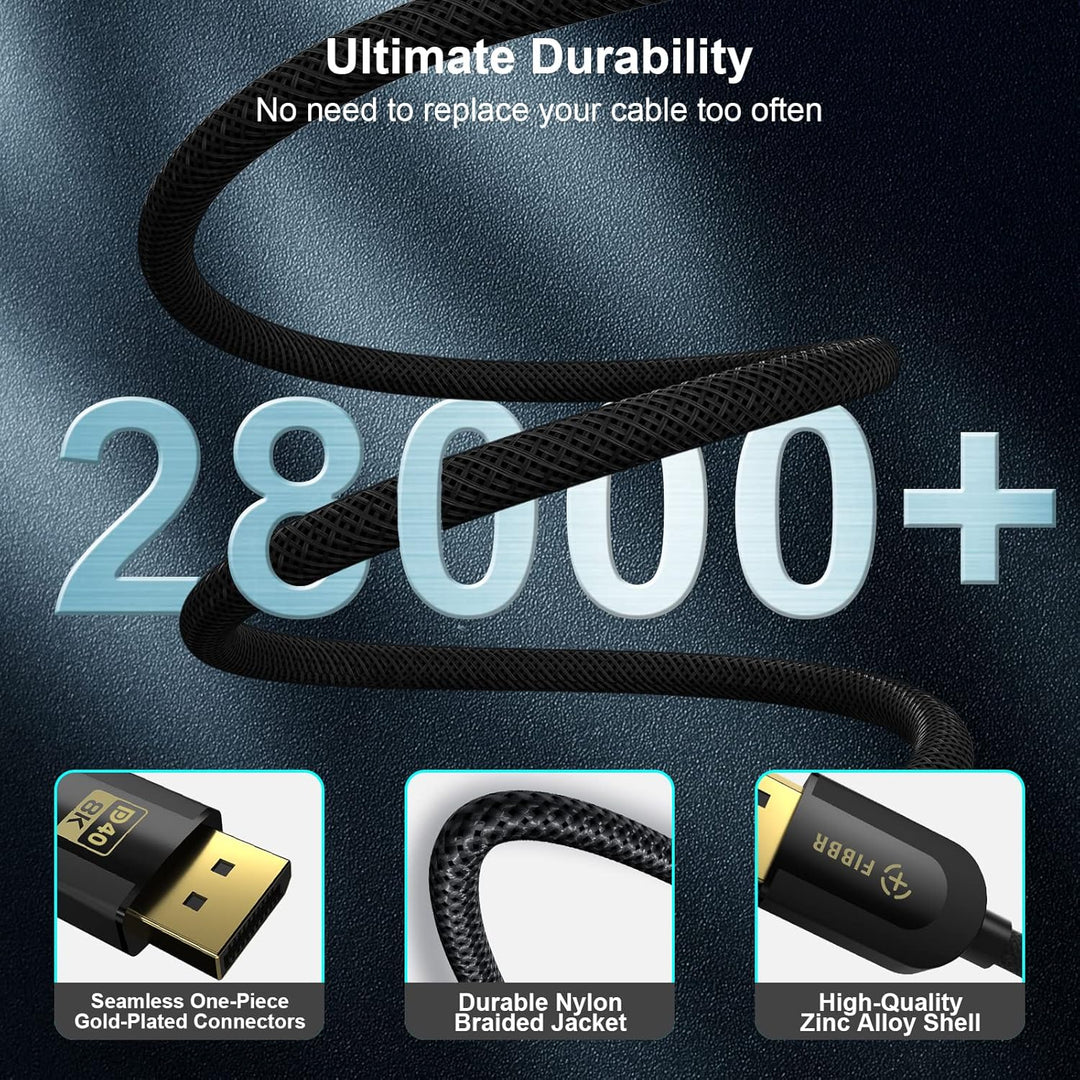 FIBBR VESA-Zertifiziert 16K DisplayPort 2.1 Kabel 2M, 40Gbit/s DP zu DP Kabel(16K@30Hz, 10K@30Hz, 8K