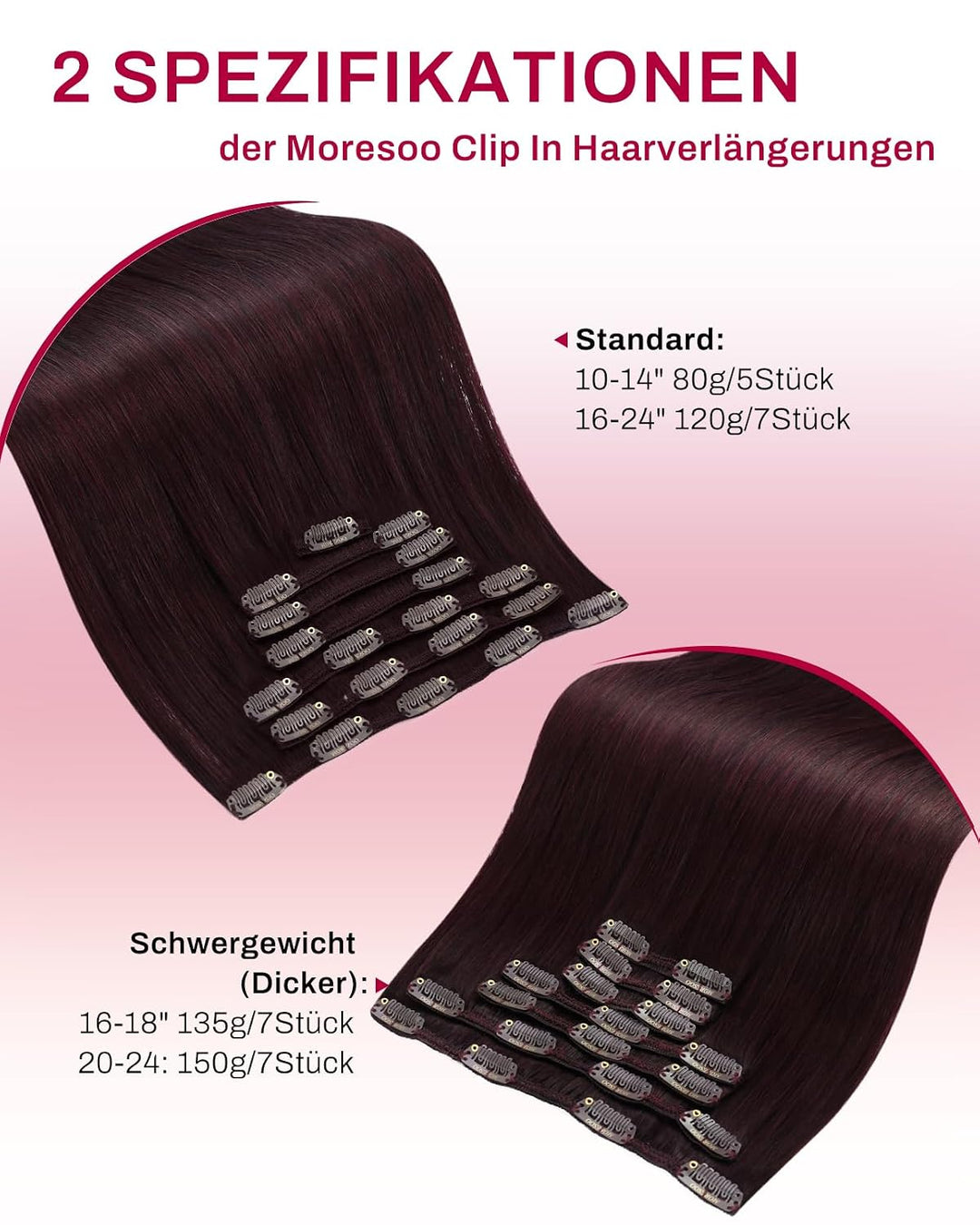 Moresoo Clip Extensions Echthaar Clip in Extensions Rot Doppelt Tressen Haarverlängerung Echthaar Cl