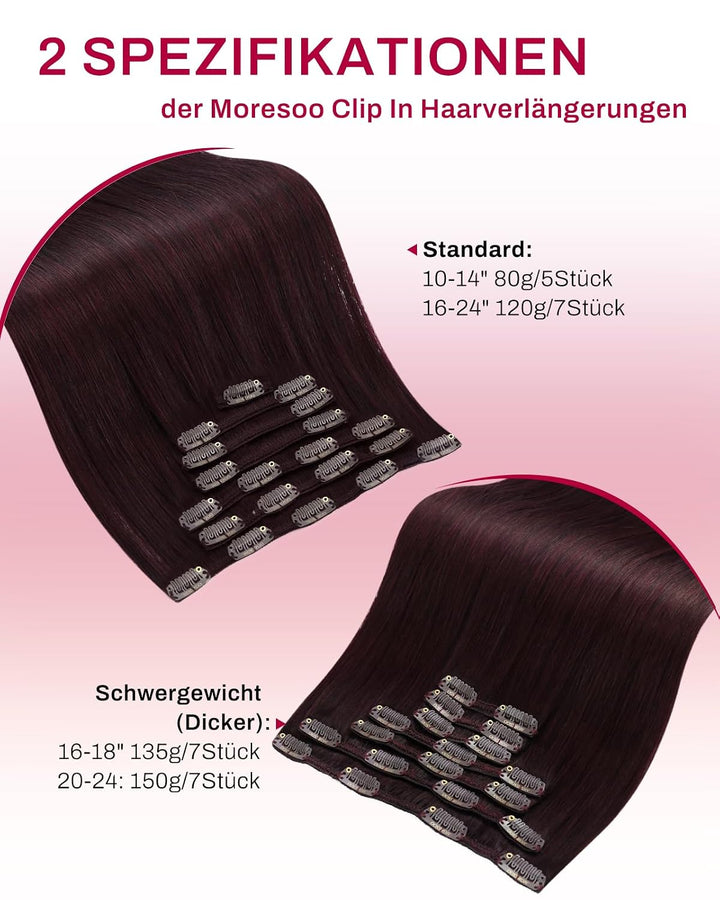 Moresoo Clip Extensions Echthaar Clip in Extensions Rot Doppelt Tressen Haarverlängerung Echthaar Cl