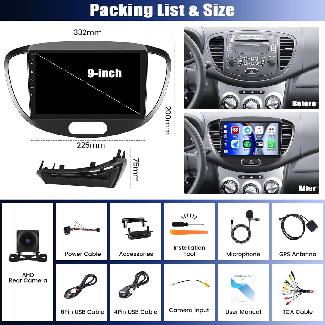 Android 15, 4G+64G CAMECHO Autoradio für Hyundai i10 2007-2013 mit Wireless Carplay Android Auto Mir