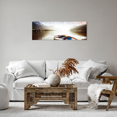 Panorama Bilder auf Leinwand Berge See Boot Leinwandbild mit Rahmen 90x30cm Wandbilder Dekoration Wo