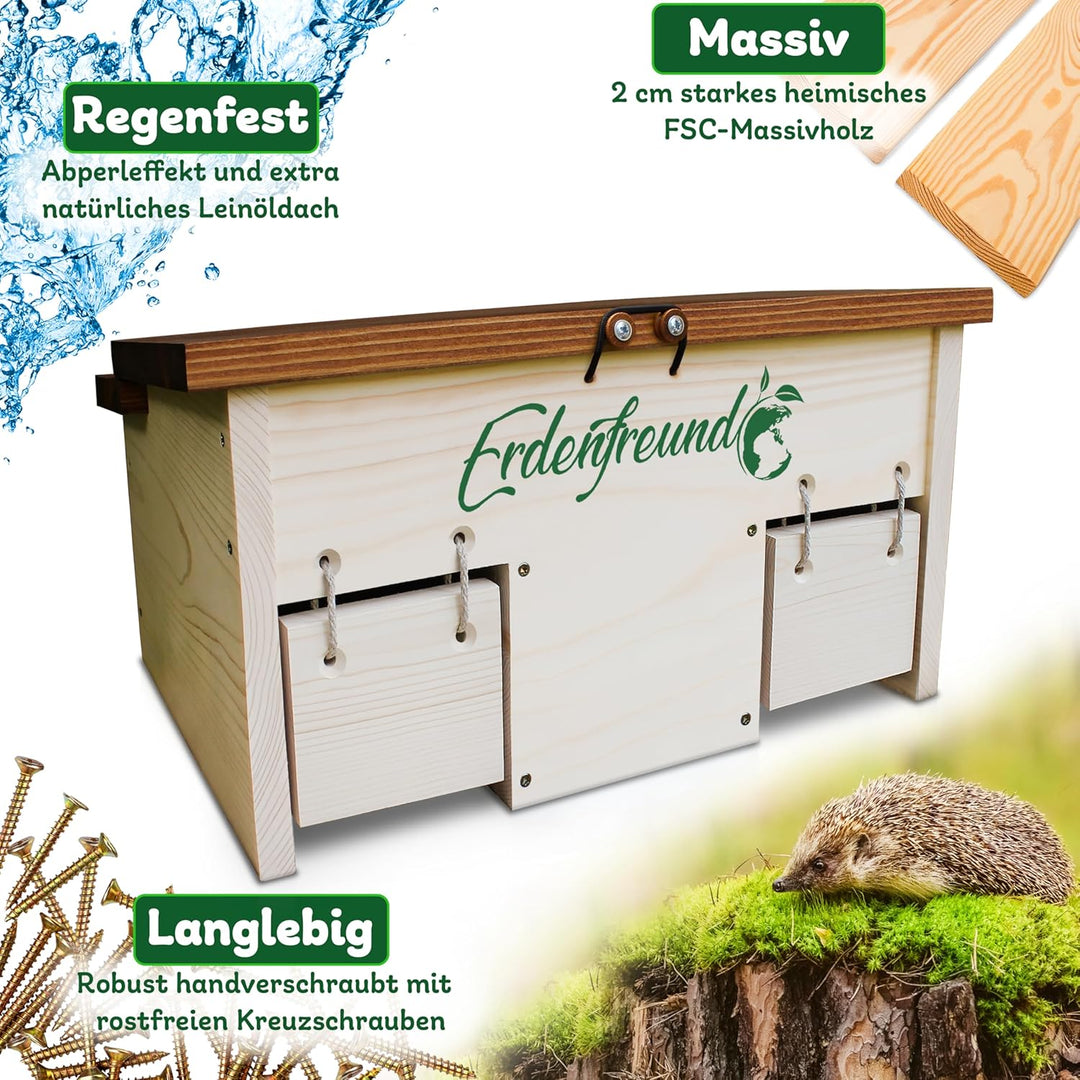 ERDENFREUND® Igelfutterhaus mit Rattenklappe + 2er Set Wasser- & Futternapf Igelhaus mit Rattenklapp
