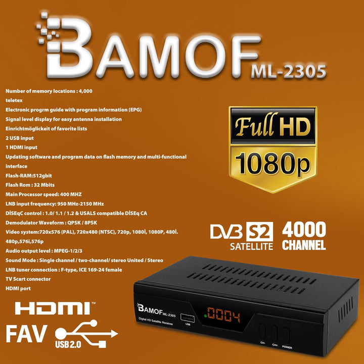 hd-line Bamof 2305 Digital Satelliten Sat Receiver - (HDTV, DVB-S/S2, HDMI, SCART, 2X USB 2.0, Full