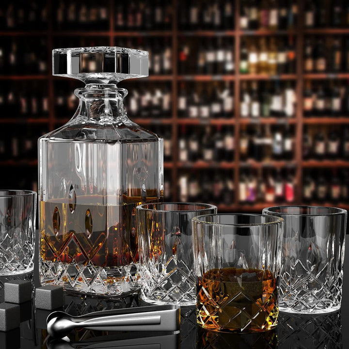 Cieex Whiskey Karaffe Set , 750ml Dekanter mit 4 x 220ml Whiskeygläser 12 Steine Schöne, Geschenk Bo
