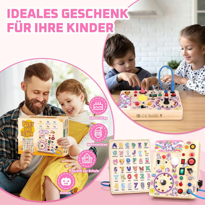 Unicorn Busy Board Montessori Spielzeug ab 1 Jahr Activity Board Holzspielzeug Mit 10 Schaltern und