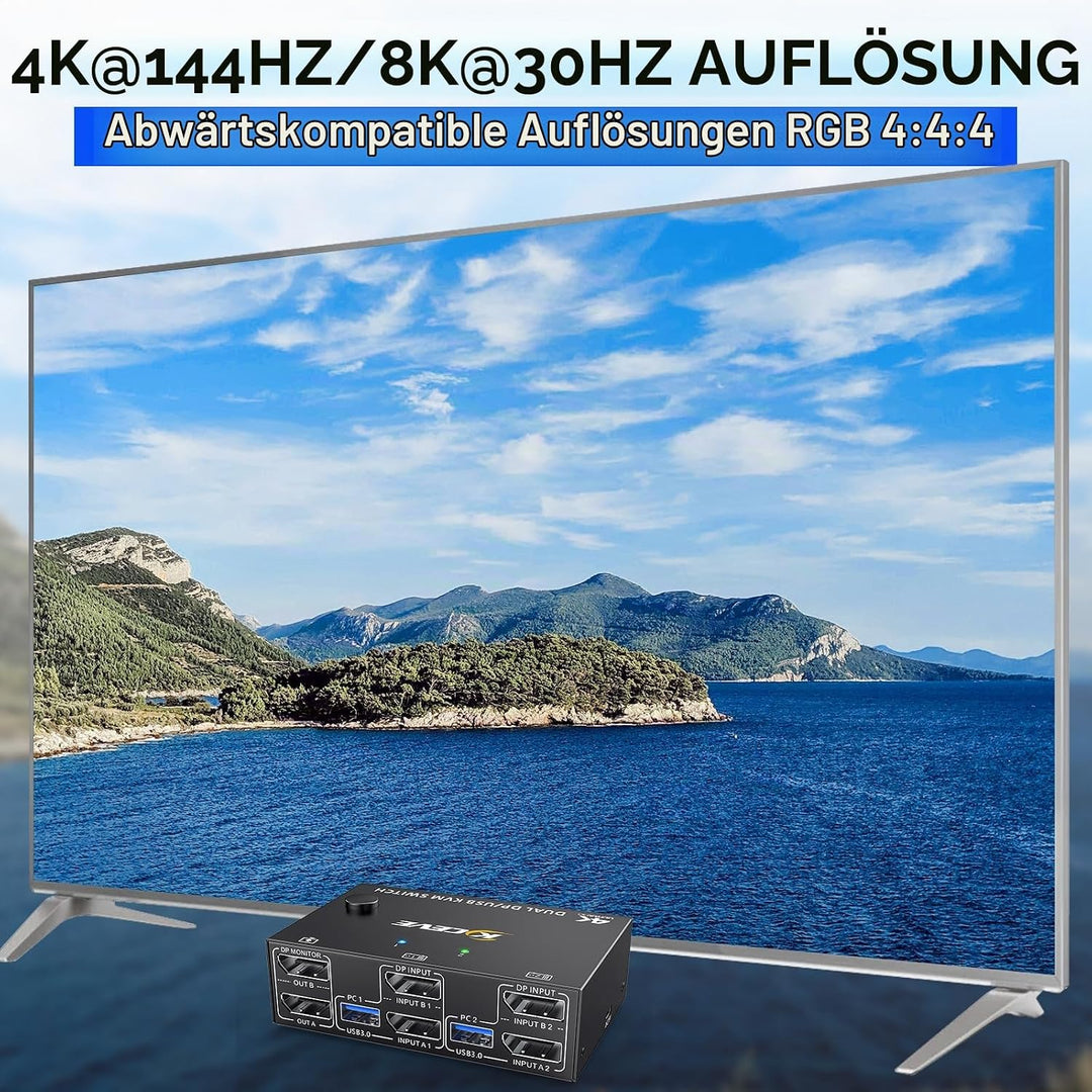 USB 3.0 KVM Switch 2 PC 2 Monitore Displayport, KVM Switch Dual Monitor 4K@144Hz für 2 PC Teilen 4 U