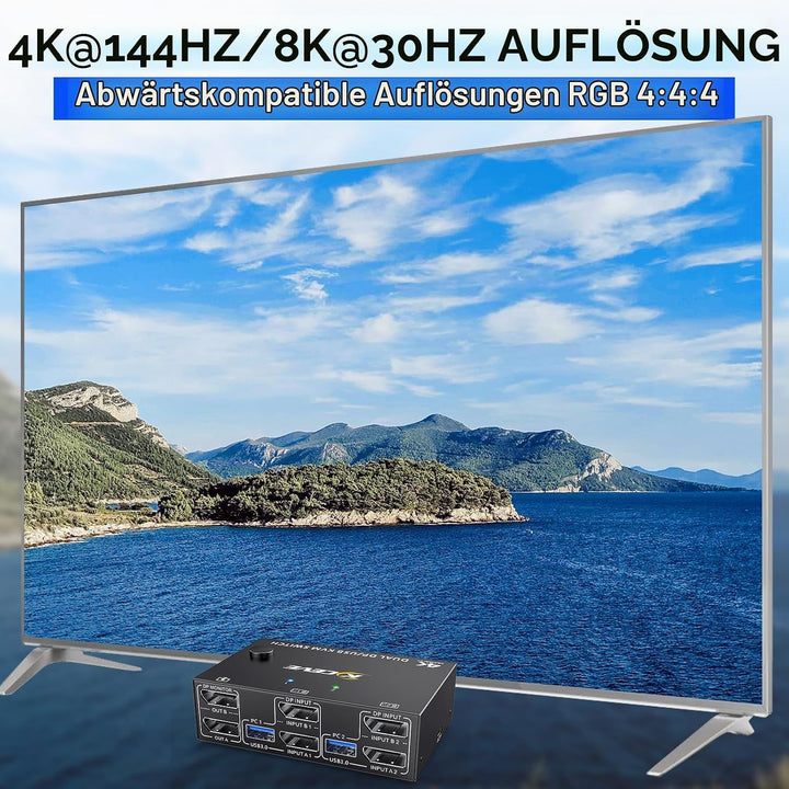 USB 3.0 KVM Switch 2 PC 2 Monitore Displayport, KVM Switch Dual Monitor 4K@144Hz für 2 PC Teilen 4 U