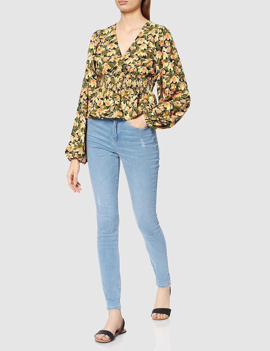 NA-KD Damen Smocked Waist Blouse Bluse 38 Orangefarbene Blume, 38 Orangefarbene Blume